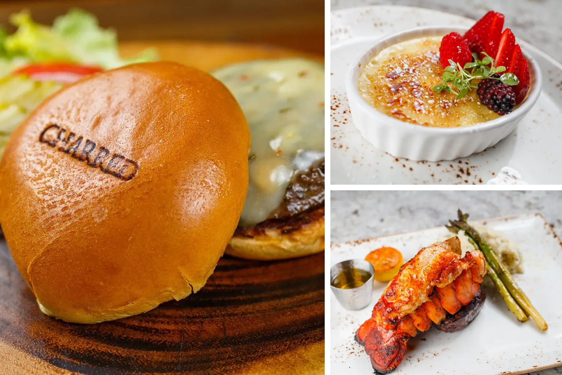 A premium food mosaic from Jimmy P's — burger, crème brûlée, and lobster tail